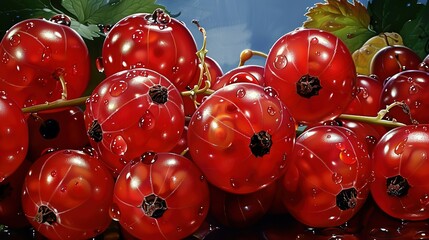 Poster -   Red tomatoes pile on table; adjacent green plant