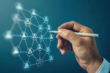 Poster - A businessman draws a social network connection with people icons on a blue background, in the style of a business concept for online marketing and community building Generative AI