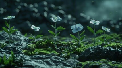 Sticker -   A cluster of white blossoms resting atop a verdant meadow adjacent to a mound of stones and vegetation