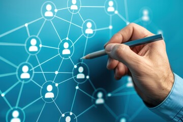 Poster - A businessman draws a social network connection with people icons on a blue background, in the style of a business concept for online marketing and community building Generative AI