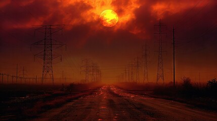 Poster -   Sunset on dirt road, powerlines in fg, telephone poles in bkg