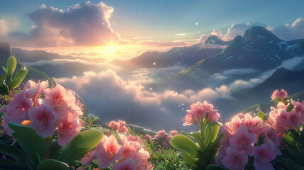 Poster -   A painting depicts pink flowers in the foreground and a distant mountain range with cloud-filled skies in the background