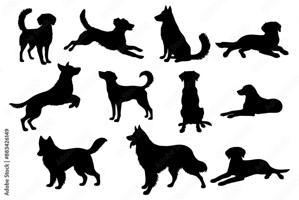 Vector illustration. Set of silhouettes of dogs of different breeds in ...