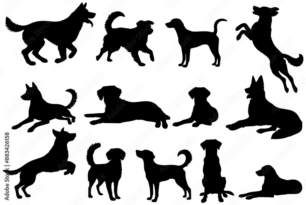 Vector illustration. Set of silhouettes of dogs of different breeds in ...
