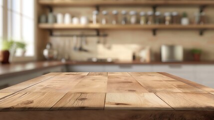 Poster - Wooden table in a cozy kitchen with shelves and utensils in the background. The image focuses on the table surface with a blurred backdrop.