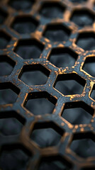 Poster - close-up of metallic hexagon grid texture with worn finish abstract background in low light