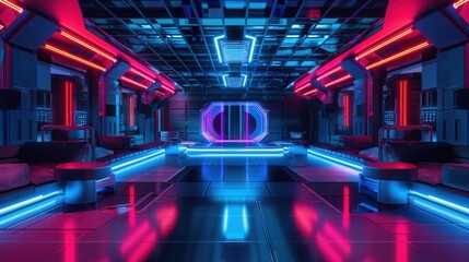 Sticker - Futuristic interior space with vibrant neon lights and sleek metallic finishes, featuring a central platform and symmetrical seating arrangements.