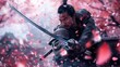 © Alice a. - A man in a samurai costume is holding a sword and surrounded by pink petals. Concept of adventure and excitement, as the man is ready to engage in battle. The pink petals add a touch of whimsy