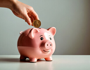 The hand puts a coin in a piggy bank in the shape of a pig.