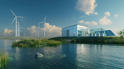 Canvas Print - A renewable energy facility with wind turbines and solar panels near a water body, highlighting sustainable energy sources and technology.