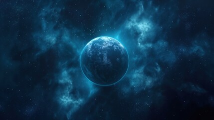 image of a planet in outer space, surrounded by blue nebula clouds and twinkling stars, showcasing a