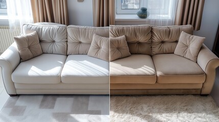 Wall Mural - Split-screen image showcasing a comparison between a clean white couch and a beige couch, both in a bright living room with sunlight streaming through the windows.