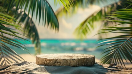 Canvas Print - Photograph of a textured round stone platform on a sandy beach with tropical palm leaves in the foreground and a blurred turquoise ocean in the background.