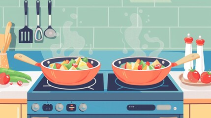 Wall Mural - Illustration of a kitchen scene with two frying pans on a stove cooking vegetables. Various cooking utensils and ingredients are displayed on the countertop.