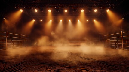 Wall Mural - Empty indoor arena with spotlight beams and smoke, creating a dramatic and moody atmosphere, suitable for events or performances.