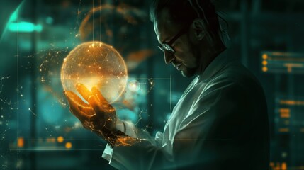 Canvas Print - A scientist in a laboratory studies a glowing, futuristic holographic globe, representing advanced technology and data analysis.