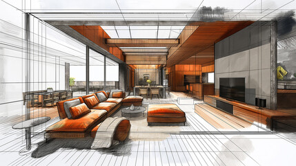 Poster - Modern open plan living room drawing becoming real