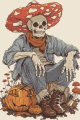 Sticker - Skeletal figure sits on pumpkins