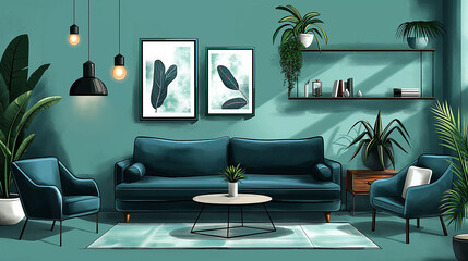 Poster - Modern living room interior with furniture and plants creating a cozy atmosphere