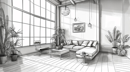 Poster - Modern living room interior with sofa and large windows in black and white sketch style