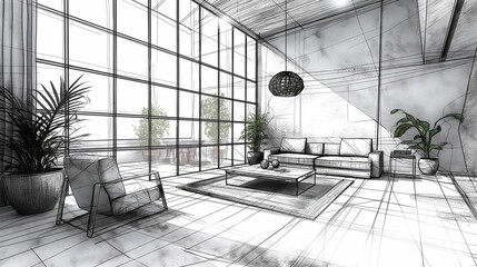 Poster - Architect drawing interior design project of modern living room