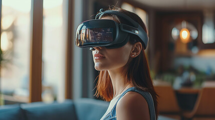Poster - Young woman exploring virtual reality using headset at home