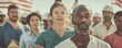 © Alexey - Diverse group of professionals celebrating Labor Day with American flags in the background. Can be used to represent unity, diversity, and the significance of various professions on Labor Day