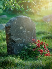 Poster - Stone with red flowers in grass