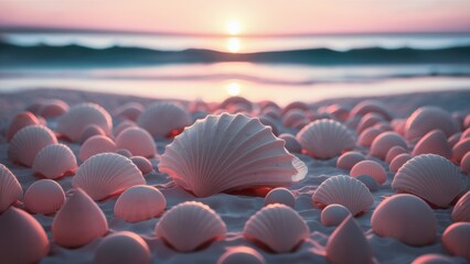 Poster - A bunch of shells are laying on the sand at sunset, AI