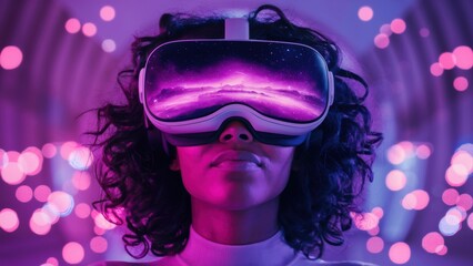 Poster - A woman wearing a virtual reality headset with purple lights, AI