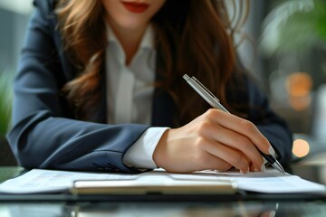 Poster - Professional Female Accountant Managing Invoices in the Office. Finance and Accounting Task.