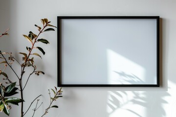 a sincle black picture frame, 10x20 inches, blank, hanging in landscape format, on a white wall