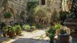 © Abdul - The courtyard of a Mediterranean-style monastery, with ancient stone walls and a collection of rare medicinal herbs