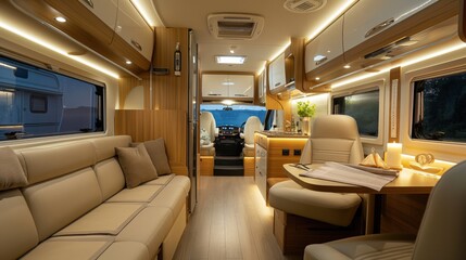 Poster - Interior view of a modern, well-lit camper van with a cozy seating area, dining table, and kitchen space.