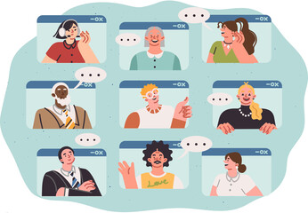 Wall Mural - Online communication of people using digital technologies for calls and chatting, looking out of computer windows. Multiethnic men and women use online messengers for video conversations