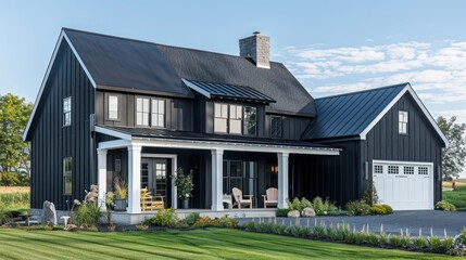 suburban farmhouse featuring a sleek black exterior with contrasting white trim, offering a modern twist