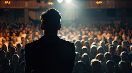 Motivational Speaker Standing in front of to many people in audience, event professional