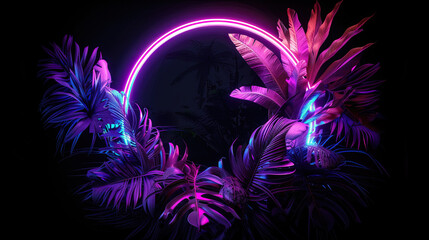 Wall Mural - Purple circle Neon shape With jungle floral Tropical. Isolated on black Background 