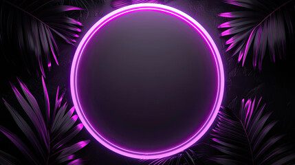 Wall Mural - Purple circle Neon shape With jungle floral Tropical. Isolated on black Background 