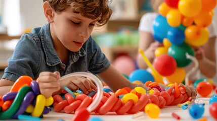 This image depicts kids enjoying a playful time creating balloon animals together, surrounded by vibrant balloons, with each child deeply involved in their creative process.