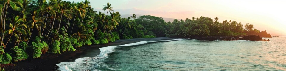 Serene tropical coastline with lush palm trees and clear ocean at sunrise, showcasing a peaceful and beautiful natural landscape