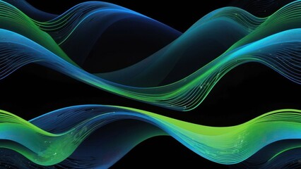 Futuristic cerulean and lime waves with binary patterns on a dark digital background