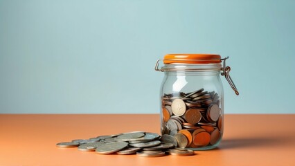 Jar filled with assorted coins on a wooden surface against an orange background