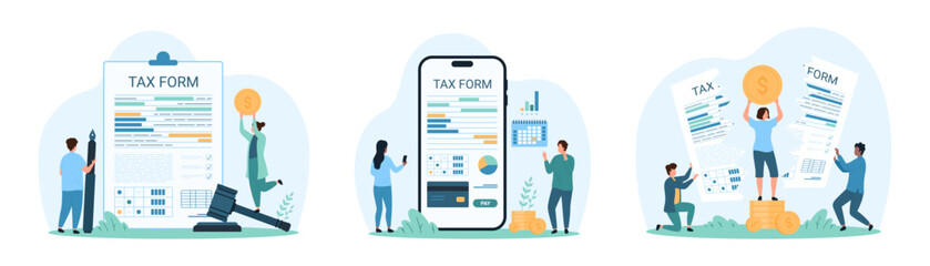 Tax payment, accounting set. Tiny people cut tax invoice to reduce taxation, calculate and pay money on bill on phone screen, check cost of monthly deductions in statement cartoon vector illustration