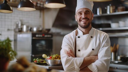 Canvas Print - A smiling chef in a white uniform and hat standing with crossed arms in a professional kitchen with cooking utensils and ingredients.