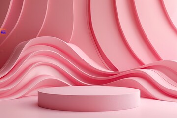 Abstract 3D render background with pink waves and an empty podium