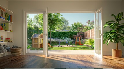 bright, airy suburban farmhouse with bi-fold doors opening to a verdant backyard with a custom play area for children