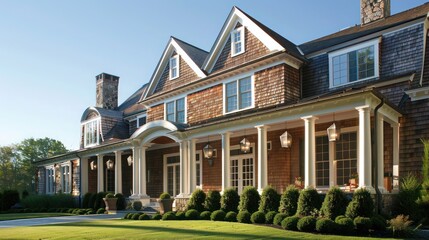 suburban farmhouse with a classic New England style, featuring shingle siding, a large front porch, and traditional lanterns