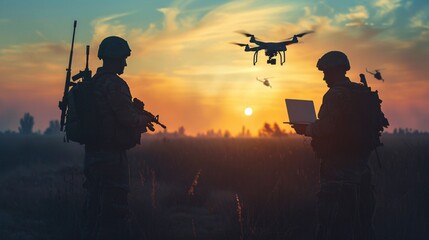 Wall Mural - Soldiers using a drone and laptop in silhouette during a military operation at dusk