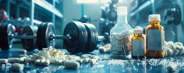 Bottles and white pills scattered on the gym floor near heavy dumbbells